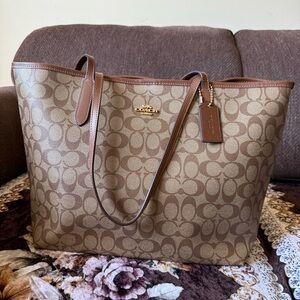 COACH Brown Signature Logo Canvas Snap Closure Gold-Tone Hardware City Tote Bag